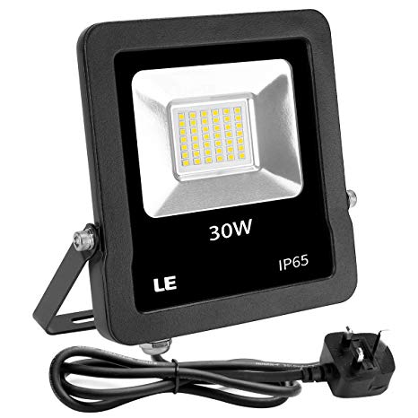 LE 30W Plug in LED Floodlight, Daylight White 5000K, 2400 Lumen Outdoor Security Light, Replace 75W HPS Light, IP65 Waterproof Garden Light for Garage, Hotel, Yard and More