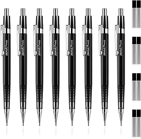 Outus 8 Pieces Mechanical Pencil Metal Retractable Automatic Drafting Pencils Refills for Writing Drawing Signature Sketching Illustration (Black,0.5 mm)