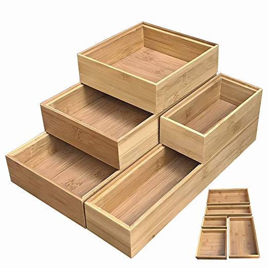 Simhoo Bamboo Stackable Drawer Organizer and Desk Storage Box/Tray for Office Supplies,Junk,Crafts,Sewing Small Daily Use Articles 5 Boxes Adjustable Organization(1sets)