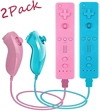VTone 2 Packs Gesture Controller and Nunchuck Joystick Compatible for wii/wii u Console, Gamepad with Silicone Case and Wrist Strap for Christmas Holiday Birthday (Pink and Blue)