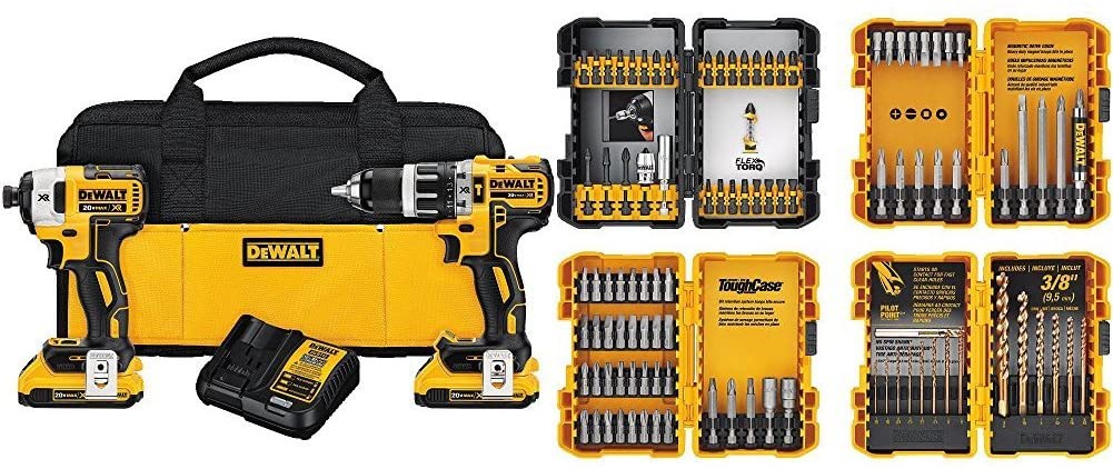 DEWALT DCK287D2 20V MAX XR Li-Ion 2.0Ah Brushless Compact Hammer drill and Impact Driver Combo Kit and Screwdriving and Drilling Set, 100 Piece