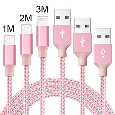 iPhone Cable,WZS 3Pack 1m 2m 3m Extra Long Nylon Braided Apple Lightning Cable USB Cord for iPhone 7/7 Plus/6S Plus/6 Plus/6/5/5S/5C/SE,iPad Pro/Air/mini,iPod (Pink)