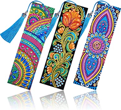 3 Pieces DIY 5d Diamond Painting Bookmark Beaded Bookmark Leather Tassel Bookmark Rhinestone Bookmark for DIY Art Craft Student Adult Beginner Valentine's Day Graduation Birthday Embroidery (Floral)