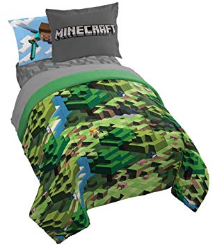 Jay Franco Minecraft Daytime 5 Piece Twin Bed Set - Includes Comforter & Sheet Set - Bedding Features Alex and Steve - Super Soft Fade Resistant Microfiber - (Official Minecraft Product)