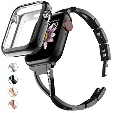 Marge Plus Compatible with Apple Watch Band 38mm 40mm with Case, Women Bling Wristband for iWatch Series 5 4 3 2 1 Metal Stylish Strap, Black