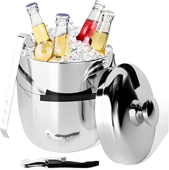 Peradix Ice Bucket with Lid and Ice Tongs, Insulated Stainless Steel Double Wall Keep Ice Frozen Longer and Food Fresh, Chiller Bin Basket for Parties, BBQ & Buffet - Bonus Corkscrew - 3L - SUS304