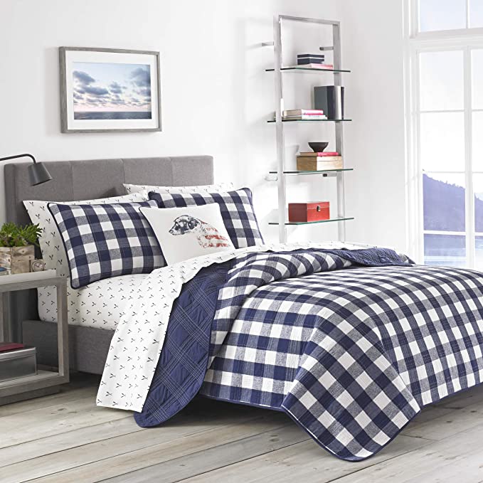 Eddie Bauer | Lake House Collection | 100% Cotton Reversible & Light-Weight Quilt Bedspread With Matching Shams, 3-Piece Bedding Set, Pre-Washed For Extra Comfort, Full/Queen, Blue