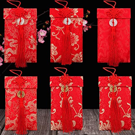 6 Pieces Silk Red Envelopes Chinese Hongbao Chinese Element Festive Red Gift Card Envelopes Lucky Money Embroidery Envelope with Knot for New Year, Wedding, Birthday