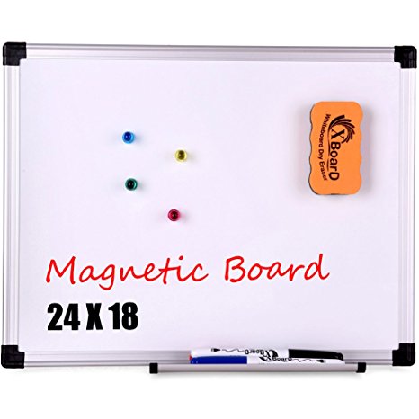 XBoard Reversible Double-Sided Magnetic Whiteboard Set - 24 x 18 Inch Dry Erase Board with 1 Magnetic Dry Eraser & 3 Dry Erase Markers & 4 Magnets