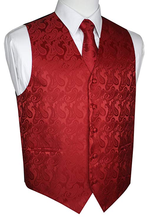 Brand Q Men's Formal Prom Wedding Tuxedo Vest, Tie & Hankie in Red Paisley