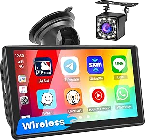 Wireless Apple CarPlay & Wireless Android Auto Portable Car Stereo 7 Inch Touch Car Screen with Bluetooth | Siri Voice Control | Backup Camera