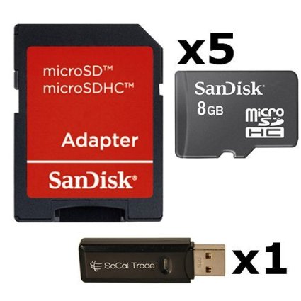 5 PACK - SanDisk 8GB MicroSD HC Memory Card SDSDQAB-008G Bulk Packaging LOT OF 5 with SD Adapter and SoCal Trade USB 20 MicoSD and SD Memory Card Reader
