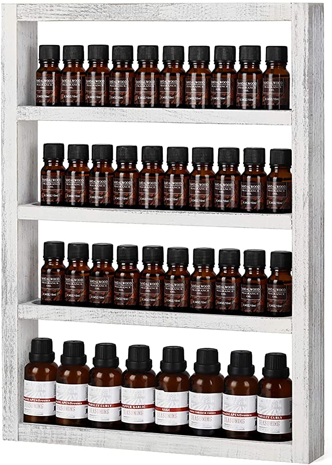 RZChome Rustic Essential Oils Storage Rack Wall Mounted Wood Nail Polish Organizer with 4 Tier Shelves, Floating Shelves for Bedroom Living Room Dress Room Display Rustic White
