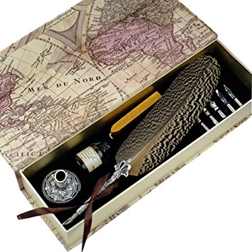 GC Quill Pen Beautiful Nuture Feather Metal Carving Pen Holder 6 Nibs Gift Set GCLL021