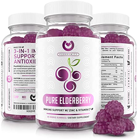 Pure Elderberry Gummies – Max Strength Immune Support Gummy Vitamins, Zinc Supplement & Vitamin C Supplement. Sambucus Black Elderberry 150mg Powerful Antioxidant Flavonoids, for Adults & Kids!
