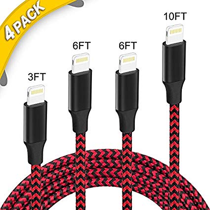 Lightning Cable ，4-PACK [/3/6/6/10 ft] Charger Cable Compatible for iPhone Nylon Braided Fast Charging Cords for iPhone X/8/8 P/7/7 Plus/6/6 Plus/6s/6s Plus/5/5s/5c/SE and more- (Black&Red)