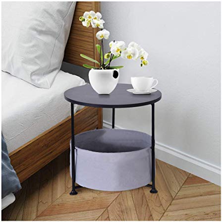 Round Wood Side End Table | Modern Minimalist 2-Tier Bedside Sofa Coffee Tables with Fabric Storage Basket | Accent Table Night Stand Furniture for Living Room,Bedroom Balcony Home Office (Gray)