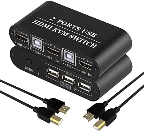 HDMI KVM Switch 2 Port Box Share 2 Computers with One Monitor, 4K@30Hz with USB 2.0 Hub, Support Keyboard and Mouse Connections,USB KVM Hotkey Metal Switch with 2*USB Cable