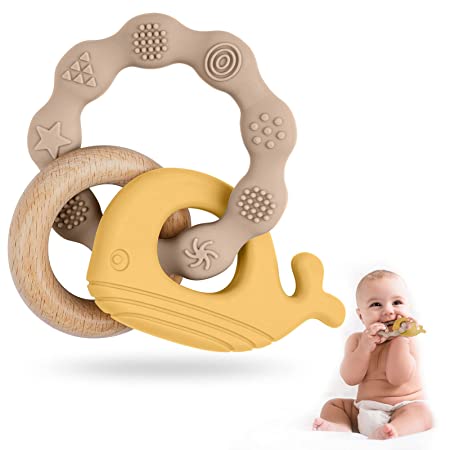 Vicloon Teether Toy, Baby Teething Toys for Babies 0-6 Months, Silicone Chewable Rings, Natural Wooden Ring & Silicone Teething Toys, for Chew Infant Toys Christmas Gift