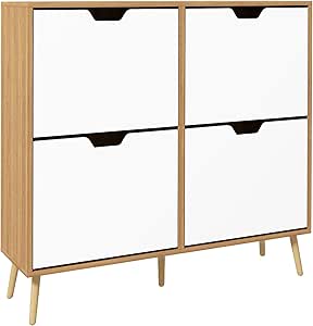 HOMCOM Modern Shoe Cabinet with 4 Flip Drawers and Adjustable Shelf, Hallway Shoe Cupboard Storage Organizer for 16 Pairs of Shoes, Natural