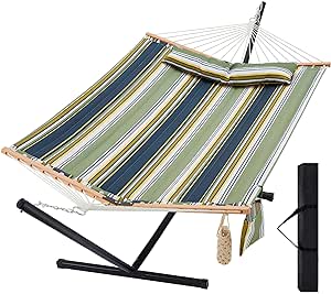 Two Person Hammock with Stand, Heavy Duty Outdoor Patio Hammock with Portable Steel Stand for 2 Person, Large Double Hammocks,480lbs Capacity.(Grey Stripes)