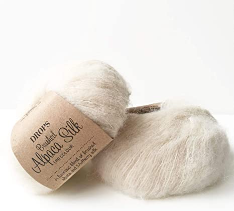 Fluffy Superfine Alpaca and Silk Yarn, Drops Brushed Alpaca Silk, Light and Warm 0.9 oz 153 Yards per Ball (01 Off White)