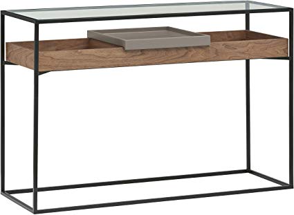 Rivet King Street Industrial Cabinet Media Console Table With Functional Storage, Walnut, Black Metal, Glass