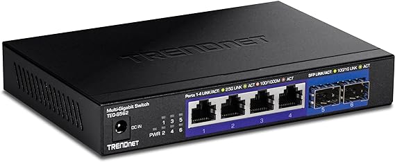 TRENDnet 6-Port Unmanaged Multi-Gig Switch, 4 x 2.5GBASE-T Ports, 2 x 10G SFP  Ports Fanless, Compact Desktop Design, Metal Housing, Network Ethernet Switch, Lifetime Protection, Black, TEG-S562