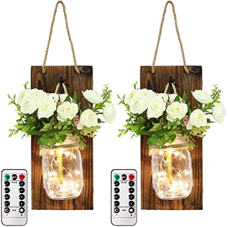 OurWarm 2pcs Mason Jar Sconces Wall Decor, Rustic Wall Sconces Home Decor with LED Fairy Lights and Flowers, Handmade Hanging Mason Jars for Farmhouse Kitchen Living Room House Decorations Lights