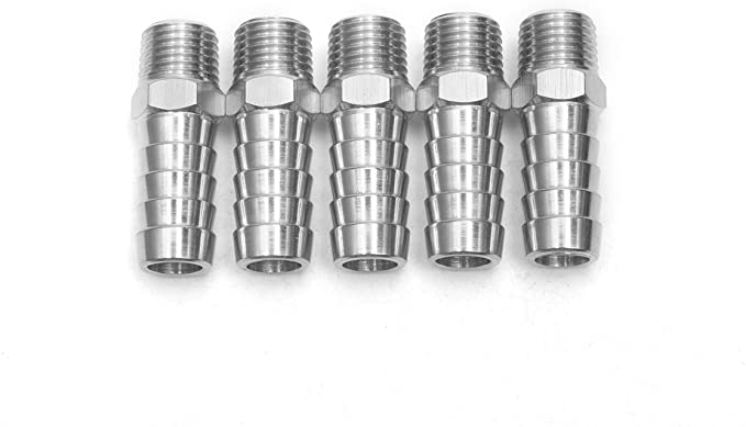LTWFITTING Bar Production Stainless Steel 316 Barb Fitting Coupler/Connector 1/2" Hose ID x 1/4" Male NPT Air Fuel Water (Pack of 5)