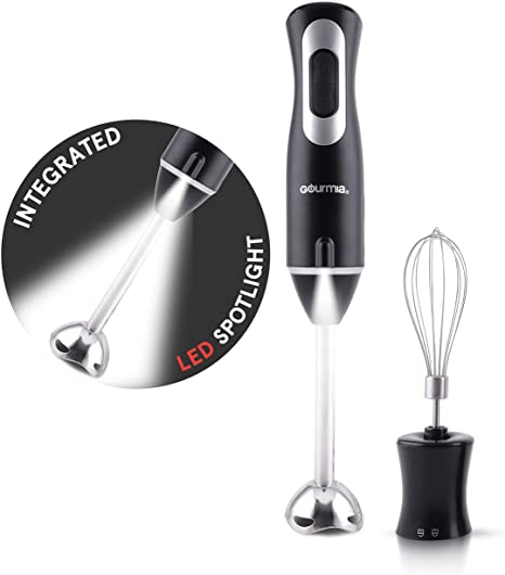 Gourmia GHB2360 12 Speed Illuminating Immersion Hand Blender with Turbo Mode - Comfortable Ergonomic Handle - Whisk Attachment Included - Integrated LED Spotlight - 300 Watt Motor - Black