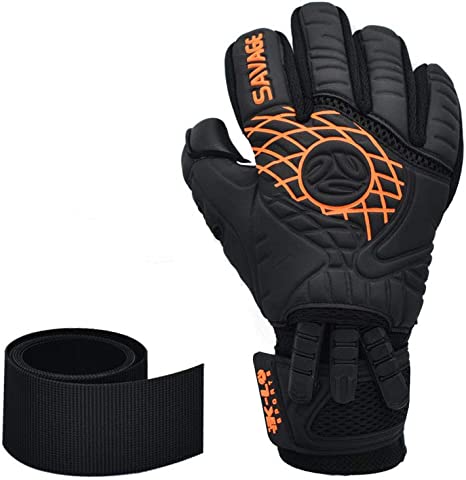 K-LO Goalkeeper Gloves: Savage Blackout Soccer Goalie Glove - Black/Orange (Unisex, Youth & Adult Sizes) - Finger Spine Protection for All Five Fingers with Super Sticky Grip Palm