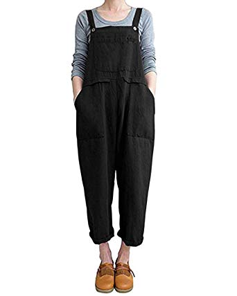 ZANZEA Womens Bib Baggy Overalls Casual Plus Size Jumpsuit Cotton Linen Rompers Wide Leg Harem Pants