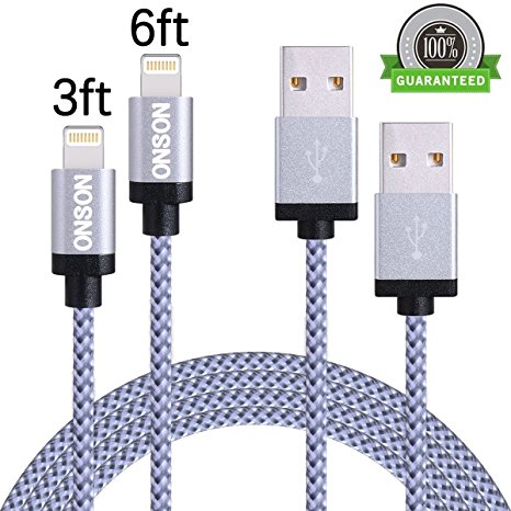 ONSON 2Pack 3FT 6FT iPhone Lightning Cable Charging Cord Nylon Braided USB Cable Data Sync Cable for iPhone 7/7 Plus,6/6S/6 Plus/6S Plus,5/5S/5C/SE,iPad,iPod Nano 7,iPod Touch (Gray White)