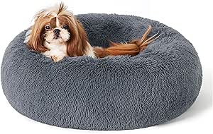 Bedsure Calming Dog Bed for Small Medium Dogs - Donut Washable Medium Pet Bed, 27 inches Anti-Slip Round Fluffy Plush Faux Fur Cat Bed, Dark Grey