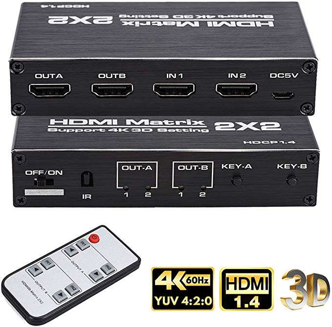 HDMI Matrix 2x2, HDMI Matrix Switch 2 In 2 Out Switcher Splitter Box with EDID Extractor and IR Remote Control, Support Ultra 4K HDR,4Kx2K@60Hz, 3D, 1080P，HDMI 2.0, HDCP 1.4