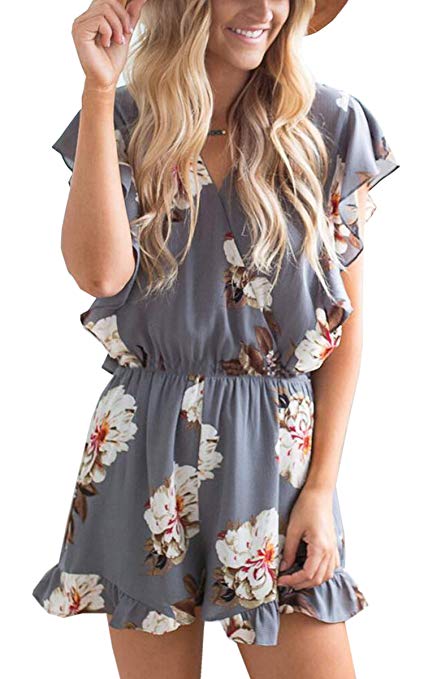 Angashion Women's Jumpsuits - Ruffle Cap Sleeves Wrap V Neck Floral Print Elastic Waist Short Rompers