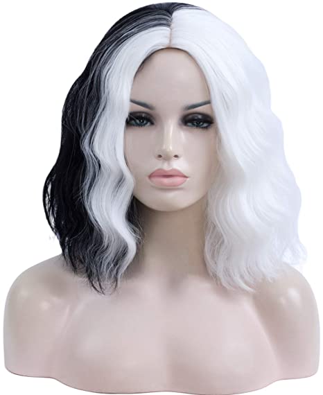 Mildiso Black And White Wigs for Women Short Bob Wavy Heat Resistant Synthetic Soft Full Hair Wig, 14’’ Shoulder Length Cute Wig for Party Cosplay Daily Use with Comfortable Wig Cap M058BW