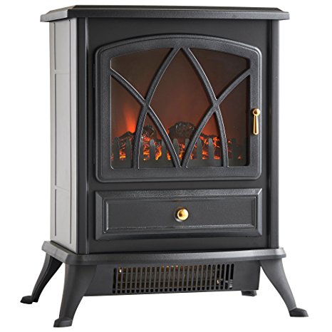 VonHaus 1500W Electric Stove Heater - Portable Home Fireplace with Log Burning Flame Effect (16.8W x 10.8L x 20H inches - Black)