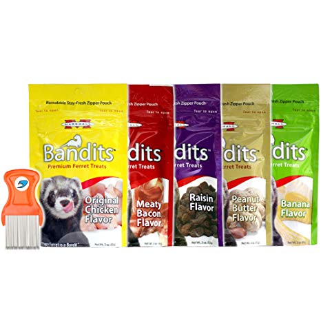 Pack of 5 - Marshall Bandits Premium Ferret Treats Variety Pack Soft Chews - 5 Flavors - 3 Ounces Each - RandStar Mini Comb