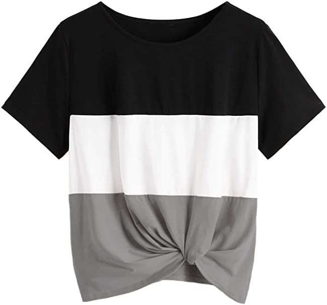 Romwe Women's Short Sleeve Round Neck Colorblock Loose Twist Summer Tee Top