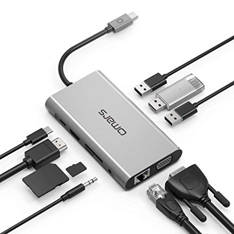USB C Hub Adapter Omars 10 in 1 Type C Docking Station with USB C Power Delivery, 4K HDMI, VGA, 1000Mbps Ethernet LAN Port, 3,5mm Aux, 3X USB 3.0, TF/SD Card Reader for MacBook and More USB C Devices