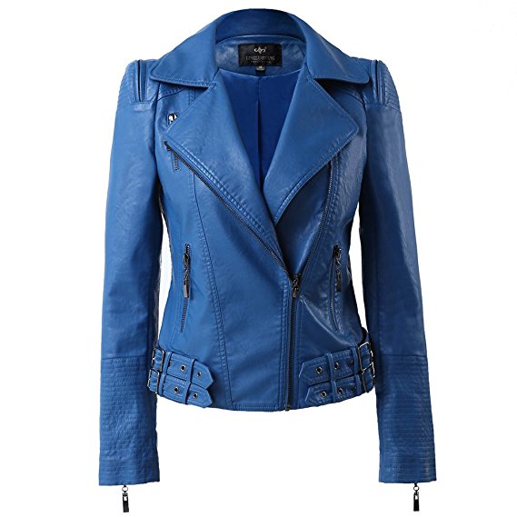 LLF Womens Faux Leather Zip Up Moto Biker Jacket With Many Details