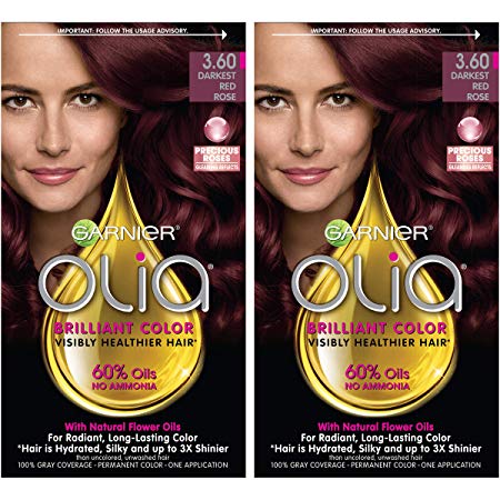 Garnier Olia Bold Ammonia Free Permanent Hair Color (Packaging May Vary), 3.60 Darkest Red Rose, Red Hair Dye, 2 Count