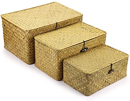 Hipiwe Set of 3 Natural Seagrass Storage Baskets with Lid - Large Handwoven Wicker Storage Bins Rectangular Household Organizer Boxes Shelf Wardrobe Organizer, Natural color