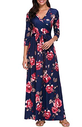 Kranda Womens 3/4 Sleeve V Neck Floral Print Faux Wrap Long Maxi Dress with Belt