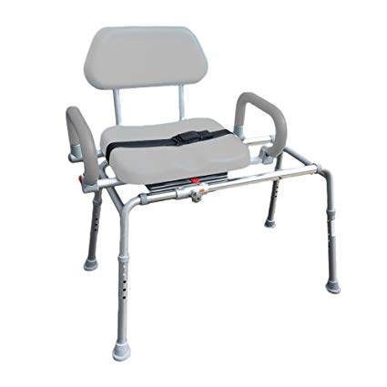 Carousel Sliding Transfer Bench with Swivel Seat. Premium Padded Bath and Shower Chair with Pivoting Arms. Space Saving Design for Tubs and Shower.