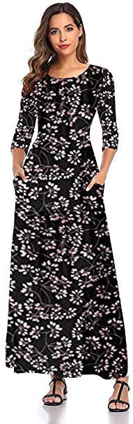 SHELY Women's Floral Print Maxi Dresses 3/4 Sleeve Casual Long Dress