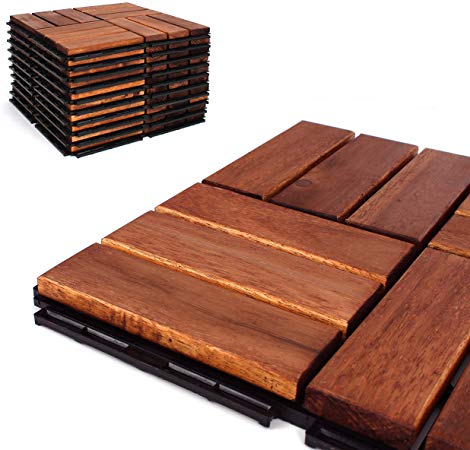 Deck Tiles - Patio Pavers - Acacia Wood Outdoor Flooring - Interlocking Patio Tiles - 12"x12" (6 Pack) - Oiled Acacia Finish - Checker Pattern Decking