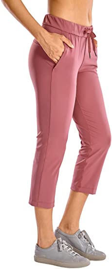 CRZ YOGA Women's Stretch Capri Pants Travel Mid Rise Drawstring Joggers Casual Jogging Lounge Pants Crop with Pockets